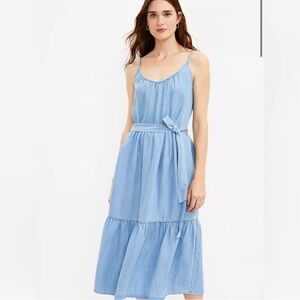 NEW LOFT Chambray Tiered Belted Swing Midi Dress Size Medium